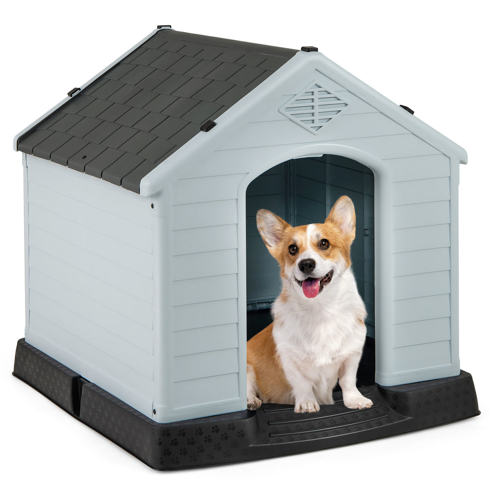 Small dog house made of waterproof plastic with elevated floor, providing protection from weather and easy cleaning.