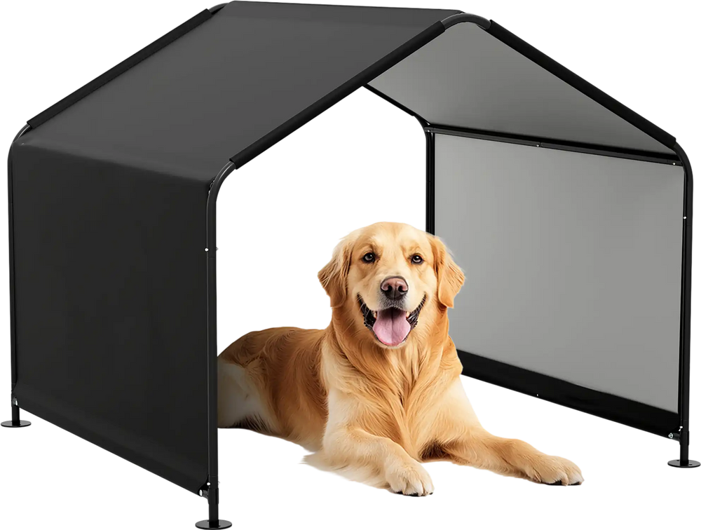 Dog shade shelter in black with waterproof roof, spacious canopy for pets, sturdy metal frame for outdoor use.