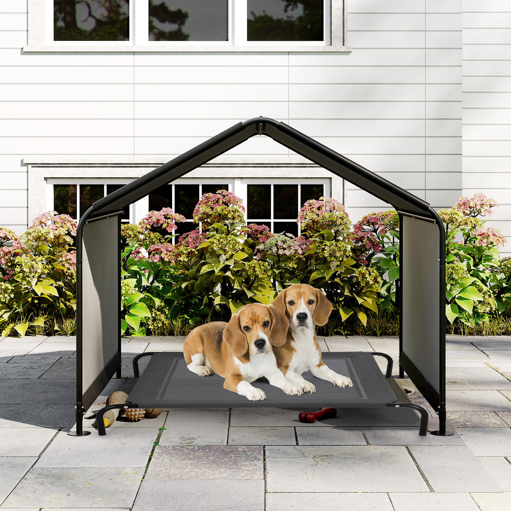 Dog shade shelter with waterproof roof, featuring a sturdy metal frame, ideal for large and medium breeds outdoors.