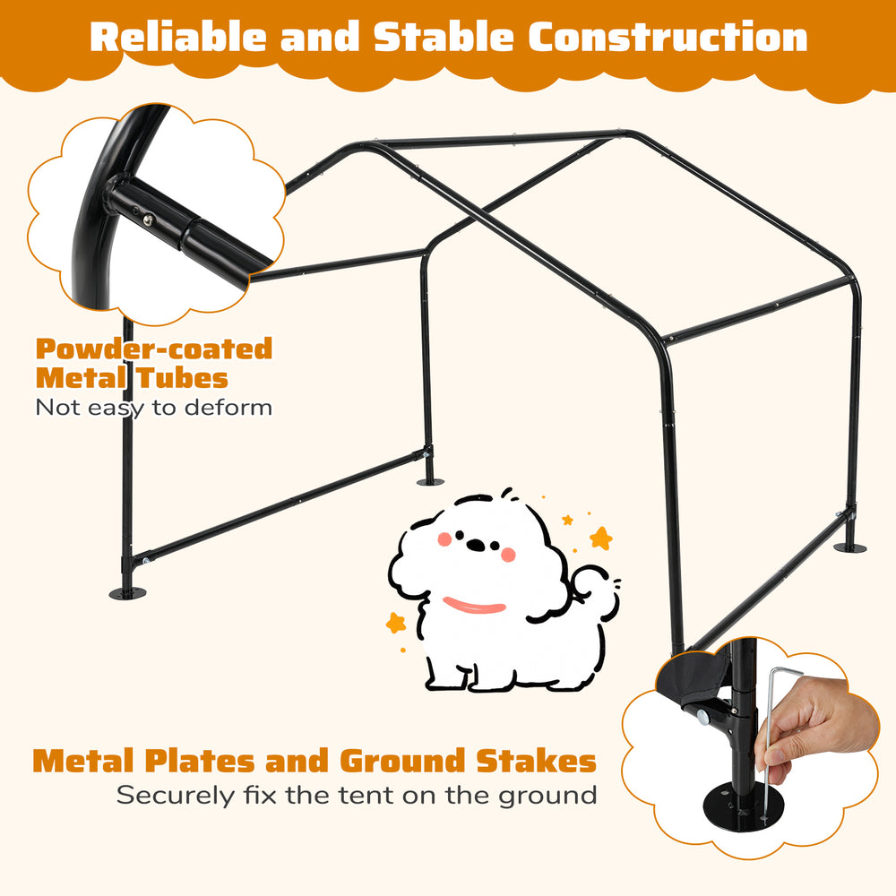 Dog shade shelter with waterproof roof, sturdy metal frame, and ground stakes for secure outdoor pet protection.