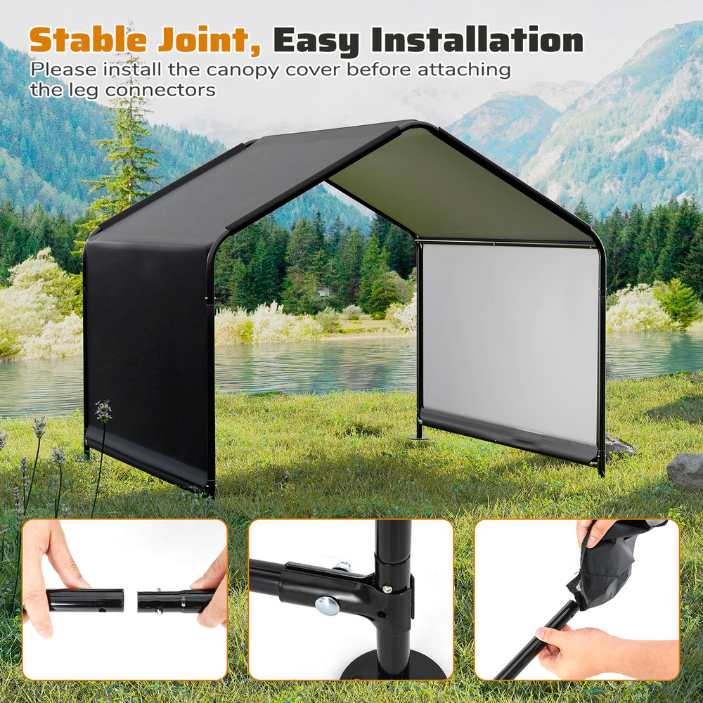 Dog shade shelter with waterproof roof, sturdy metal frame, and easy installation for outdoor pet protection.