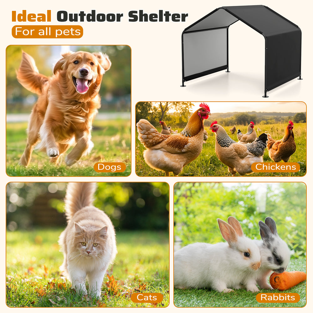 Dog shade shelter with waterproof roof, sturdy metal frame, ideal outdoor shelter for pets like dogs, cats, and rabbits.