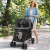 Dog stroller in black for medium and small dogs, featuring dual entry, mesh windows, and adjustable canopy for outdoor.