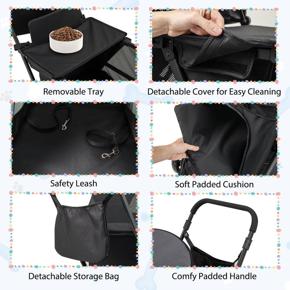Removable tray and detachable cover of a black dog stroller for easy cleaning and convenience during outdoor use.