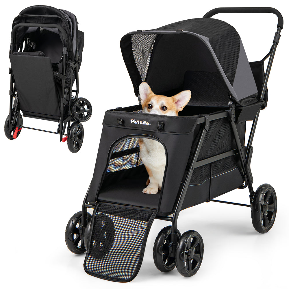 Dog stroller for medium small dogs in black, featuring dual entry, mesh windows, and a foldable design for easy.