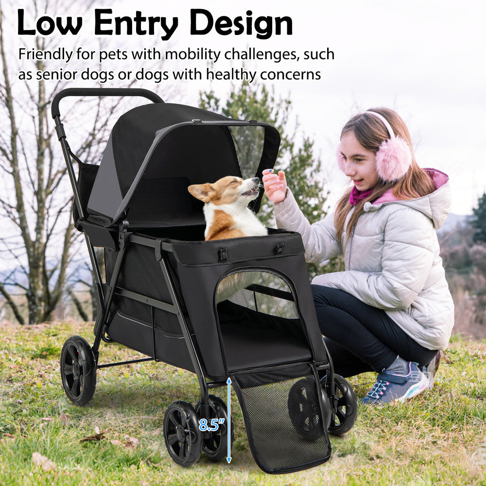 Dog stroller for small and medium senior dogs with low entry design, detachable ramp, and adjustable shade canopy.
