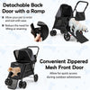 Dog stroller with detachable back door ramp, zippered mesh front, and large wheels for easy outdoor access and.