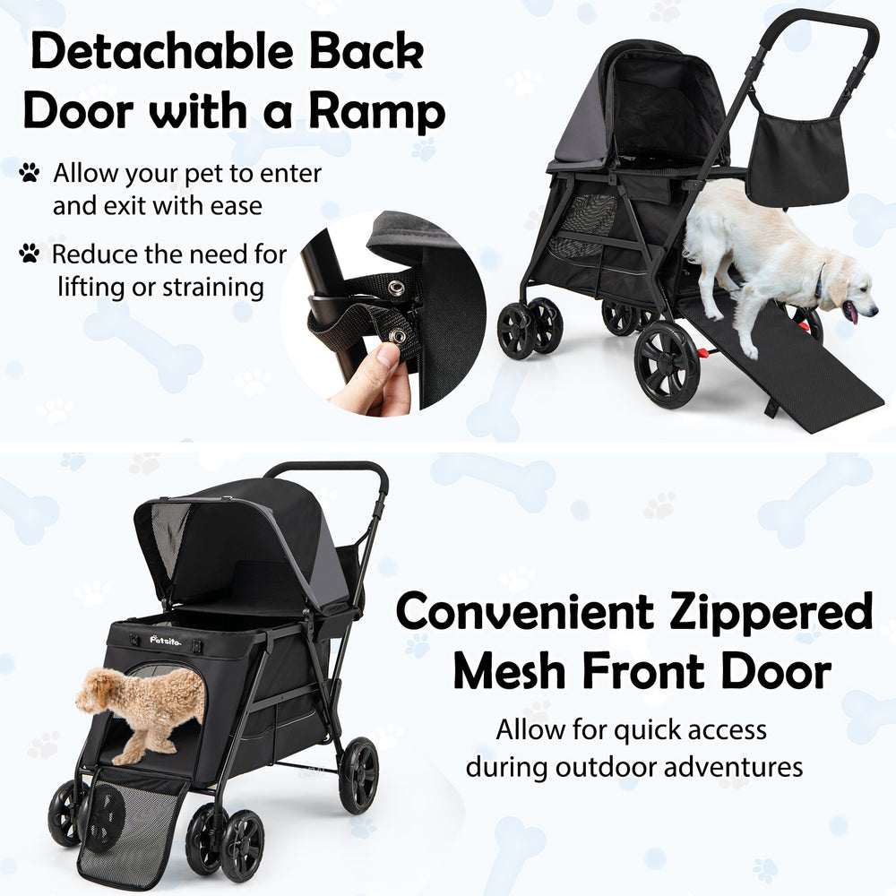 Dog stroller with detachable back door ramp, zippered mesh front, and large wheels for easy outdoor access and.