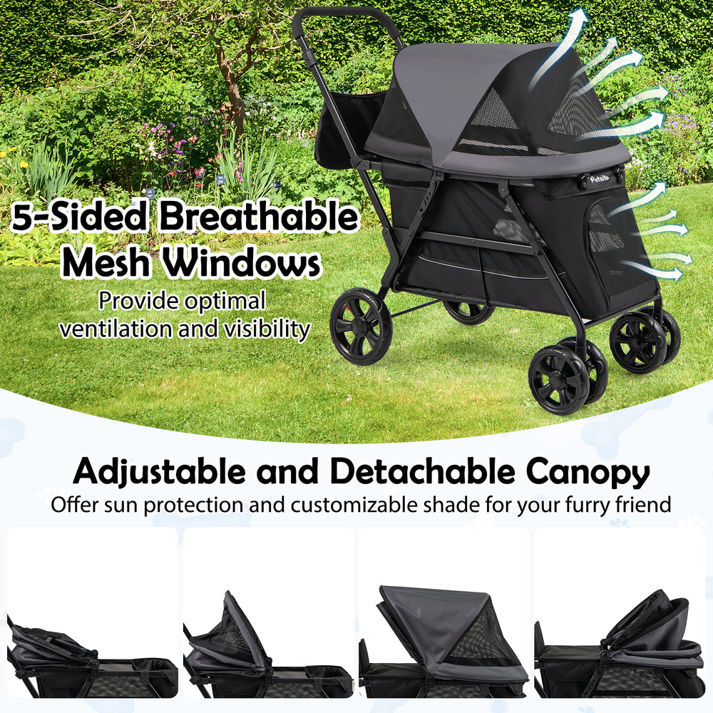 Dog stroller for medium small dogs with adjustable canopy and 5-sided mesh windows for ventilation and visibility.