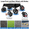 Large front and rear wheels with brakes on a black dog stroller, suitable for various terrains like asphalt and grass.
