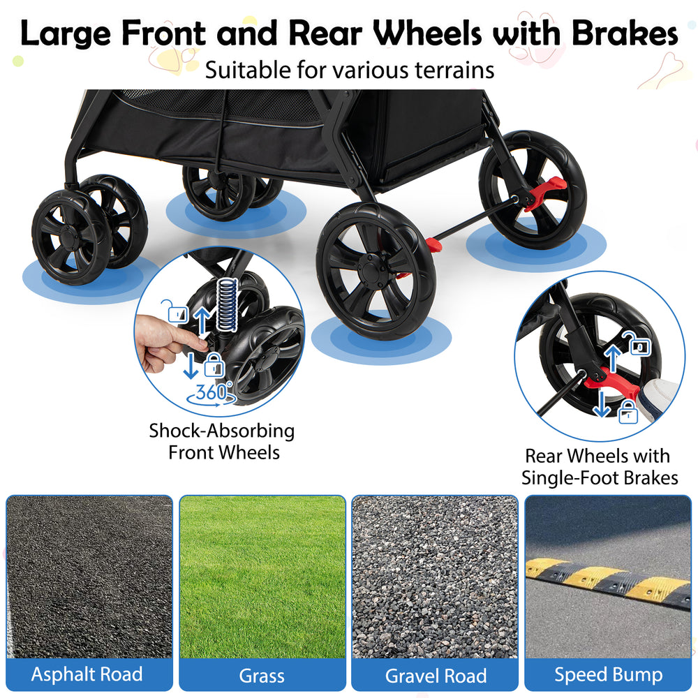 Large front and rear wheels with brakes on a black dog stroller, suitable for various terrains like asphalt and grass.