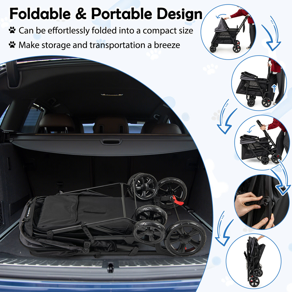 Foldable dog stroller in black, designed for medium and small dogs, showcasing compact storage and easy transport.