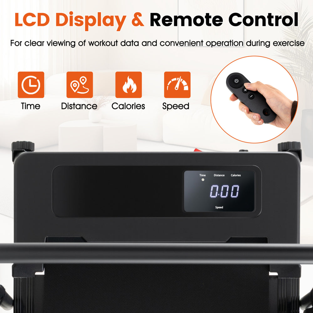 Dog treadmill featuring an LCD display and remote control for tracking time, distance, calories, and speed during workouts.