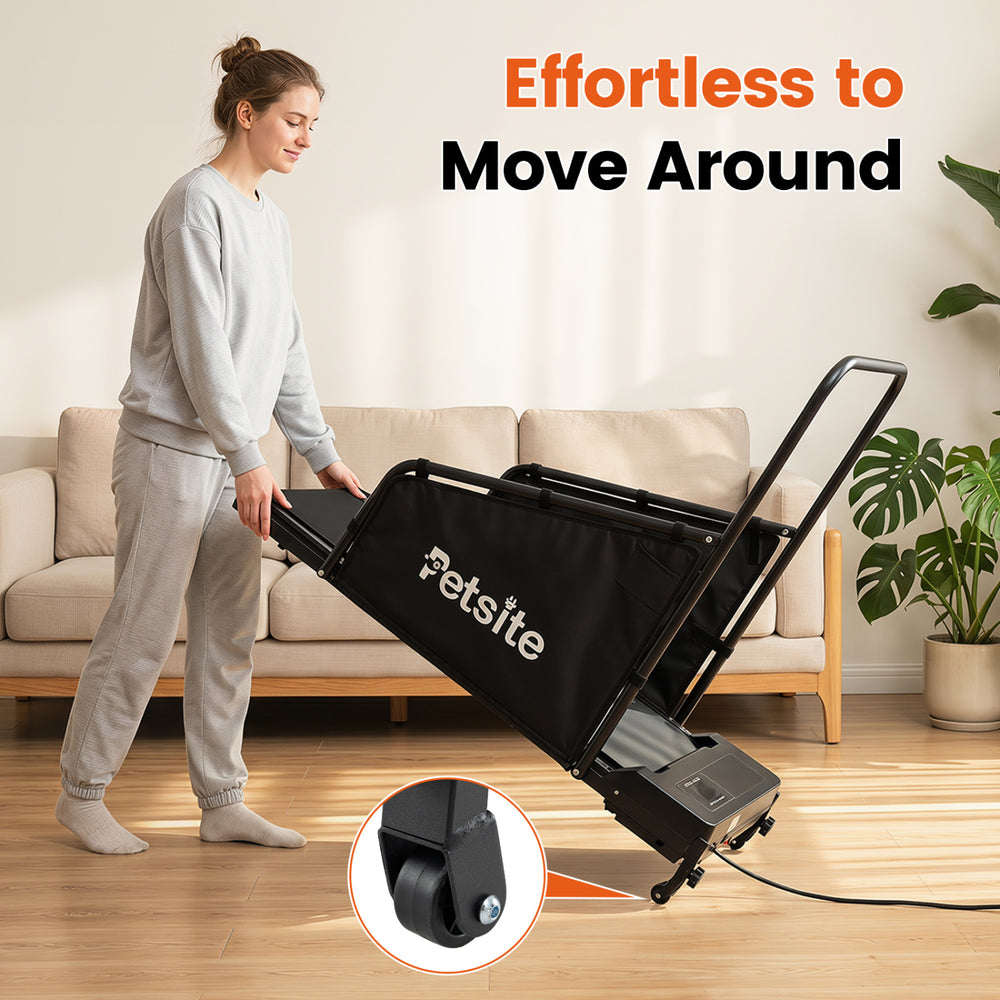 Dog treadmill with remote control and LCD display, featuring built-in wheels for easy movement and compact storage.