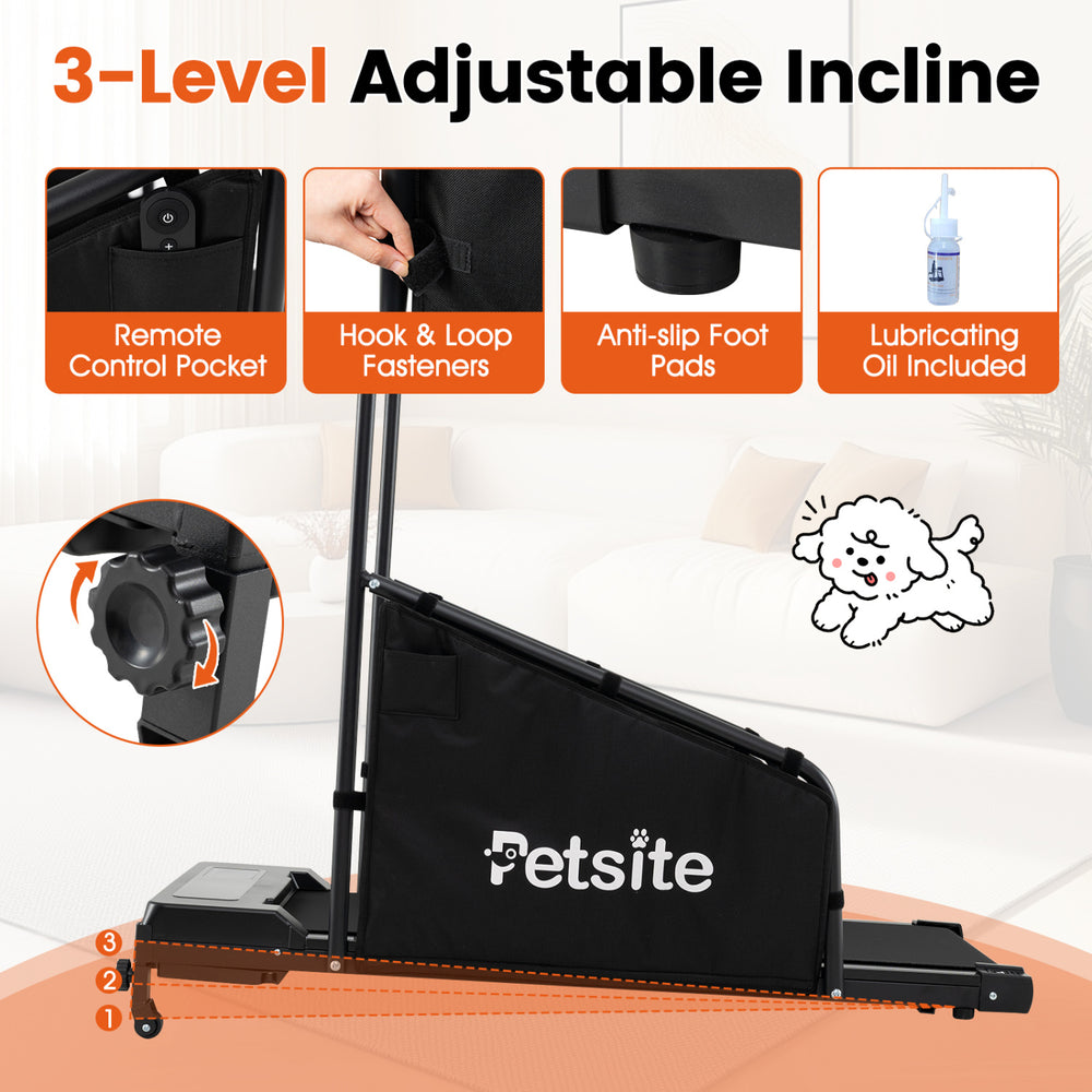 Dog treadmill with remote control features 3 incline levels, anti-slip belt, and LCD display for small to medium dogs.