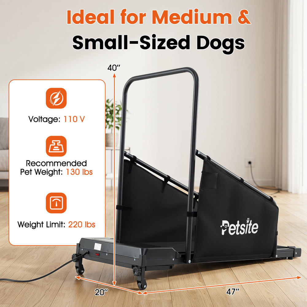 Dog treadmill with remote control and LCD display, designed for small and medium dogs, supports up to 220 lbs for indoor exercise.