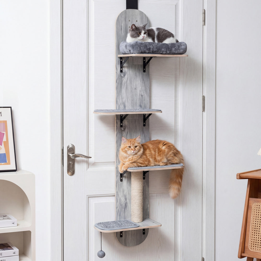 Door hanging cat climber with plush beds, adjustable height, and scratching post for indoor feline fun.