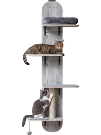 Four-level adjustable door hanging cat climber in gray with plush bed, scratching post, and removable pads for comfort.