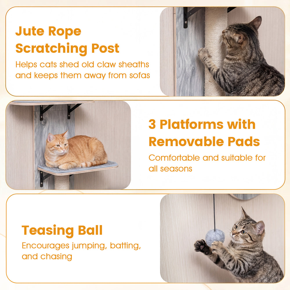 Door hanging cat climber with plush bed, jute rope scratching post, and adjustable height for indoor feline fun.