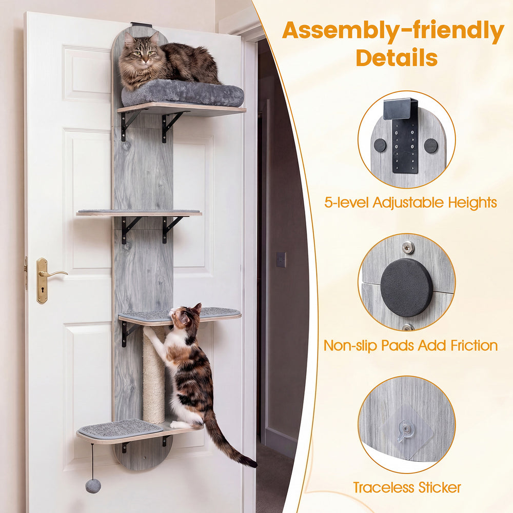 Door hanging cat climber with 4 adjustable levels, plush bed, and non-slip pads for safe indoor play and relaxation.