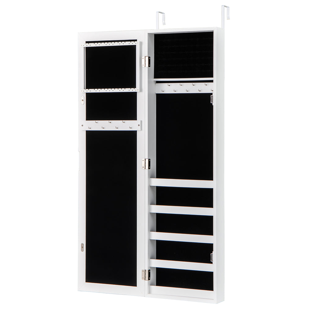 Jewelry cabinet with full-length mirror, soft velvet lining, and large capacity for organized storage, wall or door.