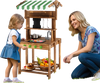 Double-sided mud kitchen with canopy and chalkboard, solid wood, for imaginative play and cooking fun for kids 3+.