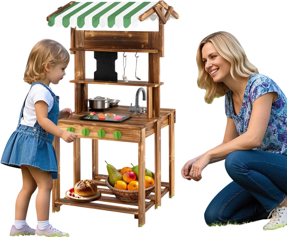 Double-sided mud kitchen with canopy and chalkboard, solid wood, for imaginative play and cooking fun for kids 3+.