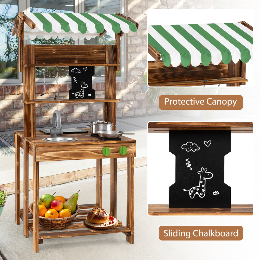 Double-sided mud kitchen with a striped canopy and sliding chalkboard, made of solid wood for durability and fun.