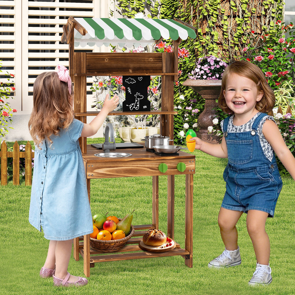 Double-sided mud kitchen with canopy and chalkboard, made of solid wood, perfect for imaginative play for kids 3+.