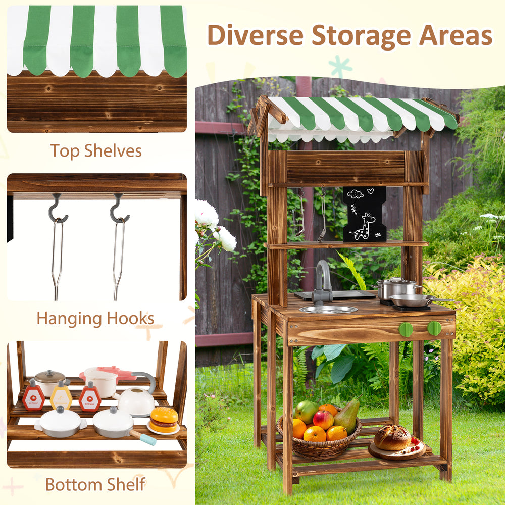 Double-sided mud kitchen with canopy, chalkboard, and diverse storage areas for kids' cooking fun and creativity.
