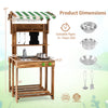 Double-sided mud kitchen with canopy, solid wood, includes cooking accessories, ideal for imaginative play for kids 3+.