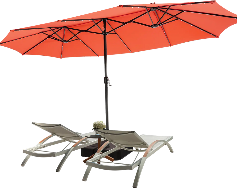 Double-sided 15-foot orange patio umbrella with 48 LED lights, perfect for shading gardens and backyards.