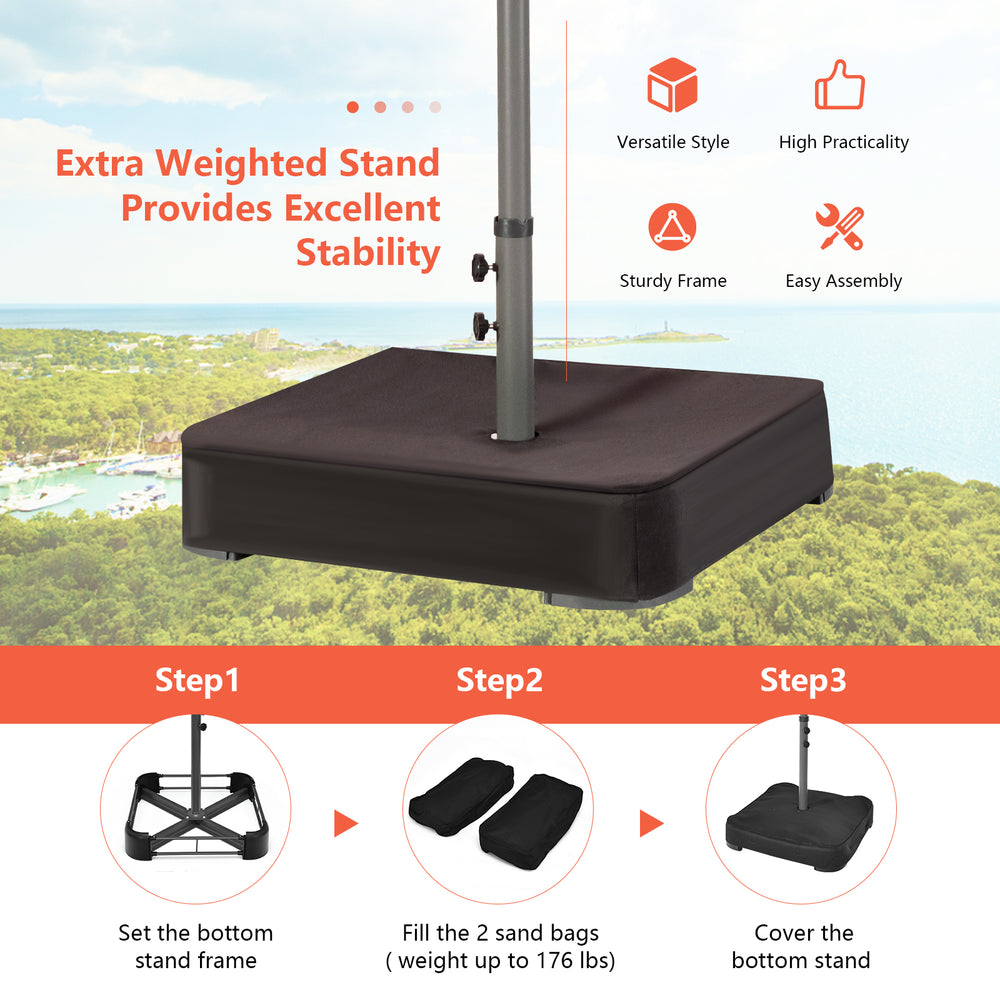 Double-sided patio umbrella with 48 LED lights, sturdy frame, and weighted base for stability in outdoor settings.
