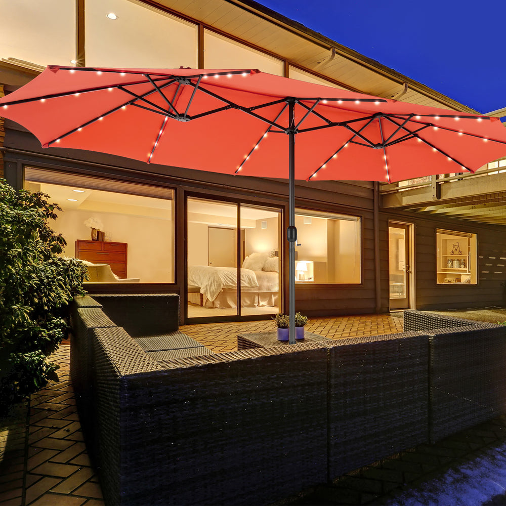 Double-sided 15 feet patio umbrella in orange with 48 LED lights, perfect for garden and backyard shading.