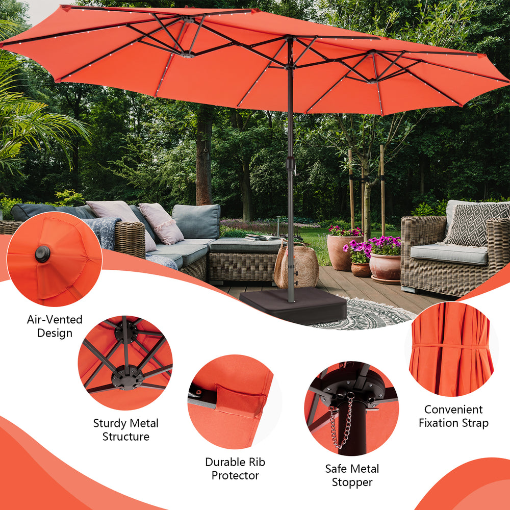 Double-sided 15-foot orange patio umbrella with 48 LED lights, sturdy metal structure, ideal for garden and backyard.