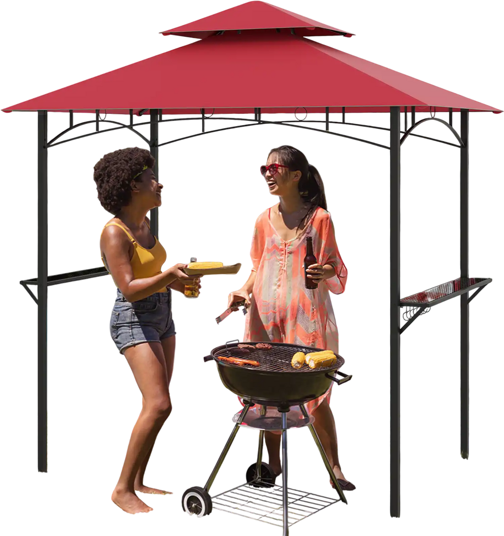 Outdoor double-tiered grill gazebo canopy in red with shelves and hooks, ideal for patio gatherings and grilling.