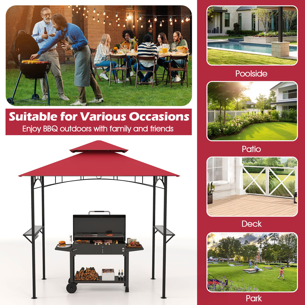 Outdoor double-tiered grill gazebo canopy in red with shelves and hooks, perfect for BBQs by the poolside or patio.