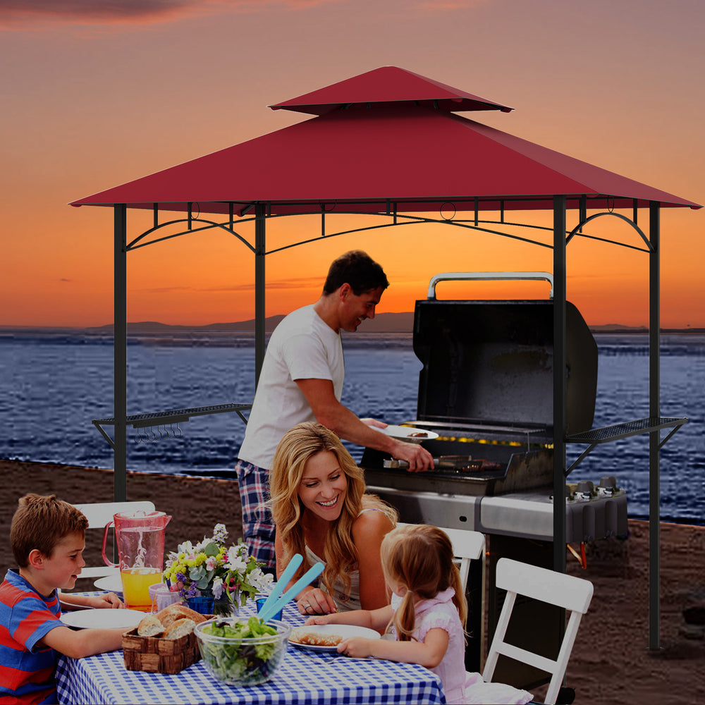 Outdoor double-tiered grill gazebo canopy in red with shelves and hooks, perfect for patios and gardens.