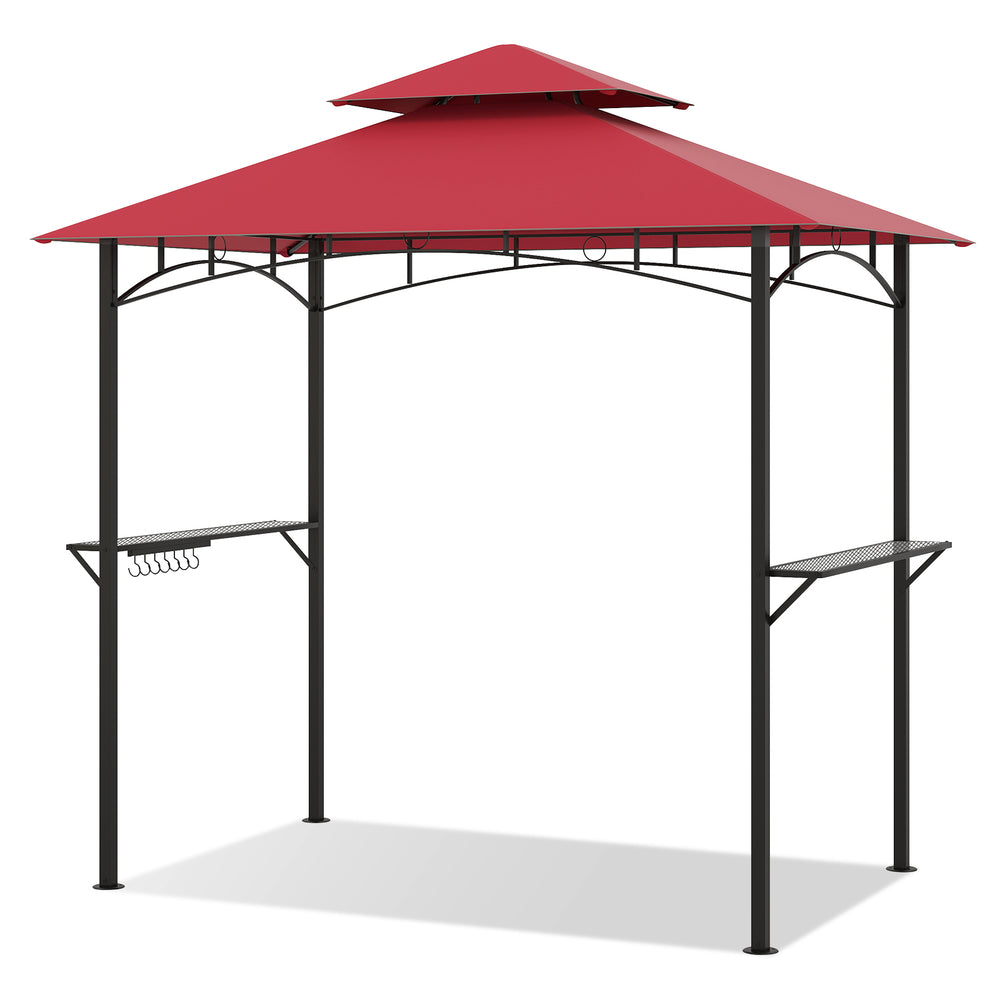 Outdoor double-tiered grill gazebo canopy in red with 2 shelves and 7 hooks, ideal for patios and gardens.