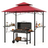 Outdoor double-tiered grill gazebo canopy in red with 2 shelves, 7 hooks, and sturdy metal frame for patio grilling.