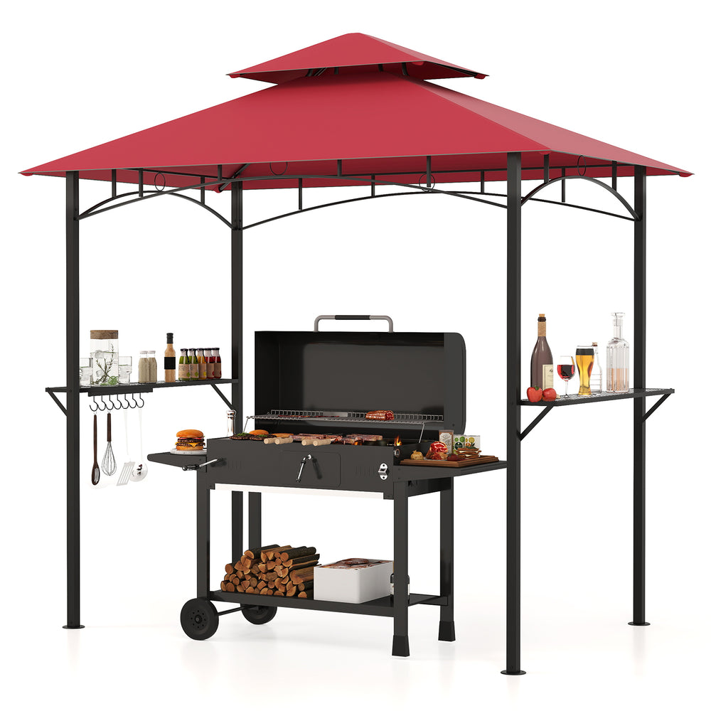 Outdoor double-tiered grill gazebo canopy in red with 2 shelves, 7 hooks, and sturdy metal frame for patio grilling.