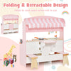 Double-sided kids play kitchen set with pink canopy, folding design, and 14 accessories for imaginative role play.