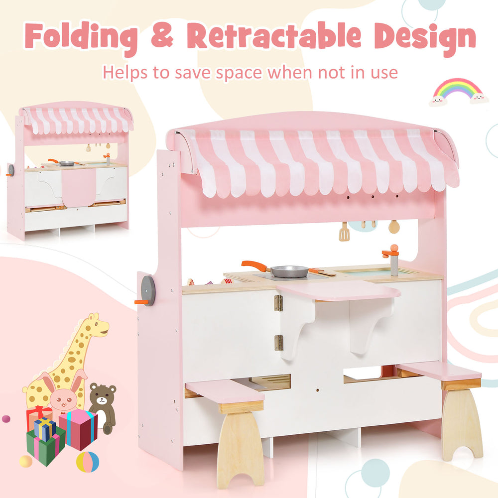 Double-sided kids play kitchen set with pink canopy, folding design, and 14 accessories for imaginative role play.