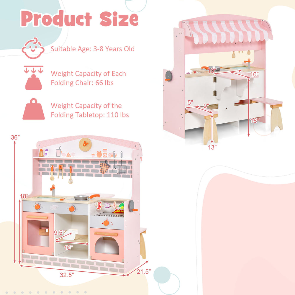 Double-sided kids play kitchen set with canopy, featuring realistic stove and sink, ideal for imaginative role play.
