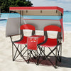 Double beach chair with adjustable canopy in red, featuring three side shading curtains and a central cooler bag for.