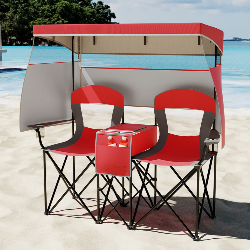 Double beach chair with adjustable canopy in red, featuring three side shading curtains and a central cooler bag for.