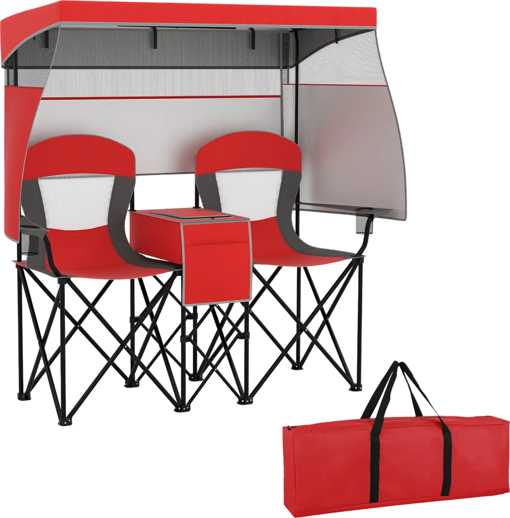 Double beach chair with adjustable canopy in red, featuring breathable mesh seats and three side shading curtains for.