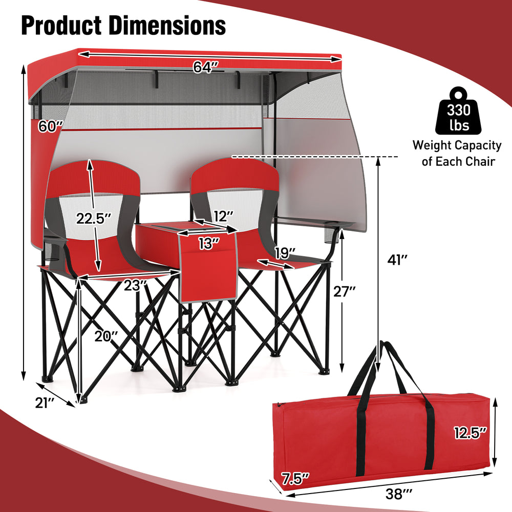 Double beach chair with adjustable canopy in red, featuring 3 side shades and breathable mesh for sun protection.