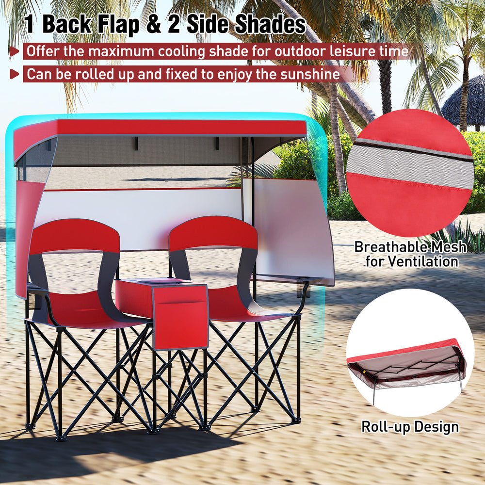 Double beach chair with adjustable canopy and roll-up side shades, featuring breathable mesh for ventilation and UPF50+.