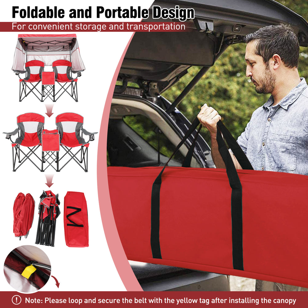 Double beach chair with adjustable red canopy, featuring 3 side shades and portable design for easy transport.